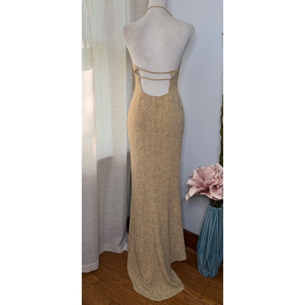 Y2K Vintage Jump Gown Cowl Neck Open Back Halter Gold Glitter Dress 11/12 - Picture 3 of 11